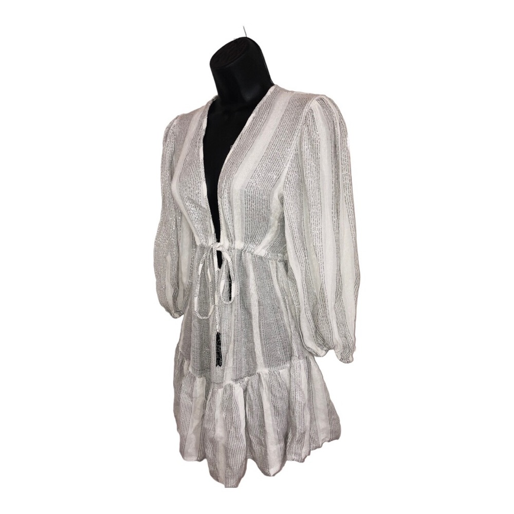 Blue Island white silver metallic low cut blouson sleeve embroidered mini dress - Picture 6 of 16